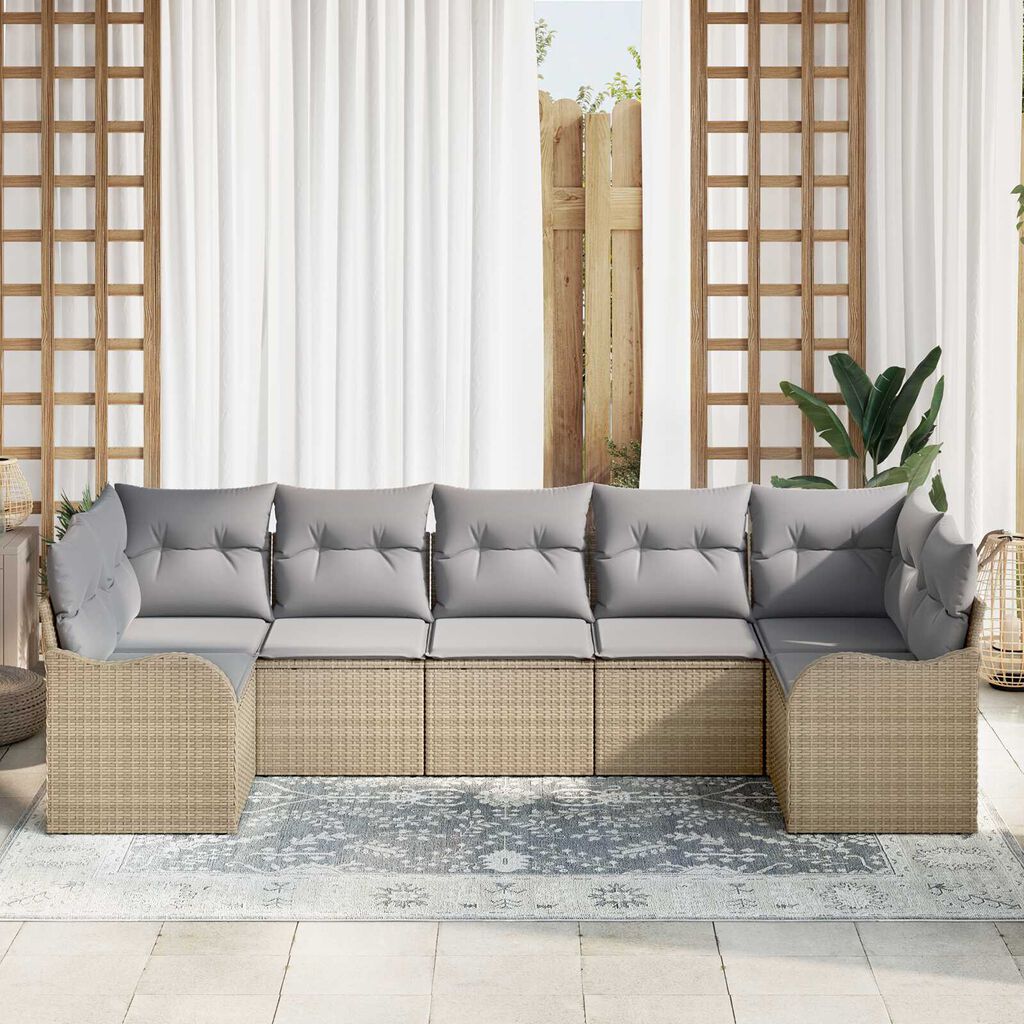 vidaXL Σετ Καναπέ Κήπου με μαξιλάρι 7 pcs Μπεζ Πολυ ράταν