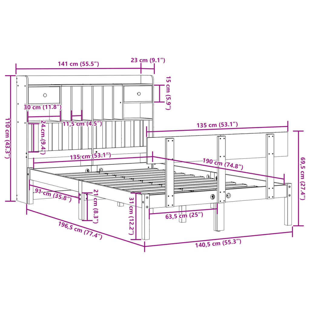 vidaXL Κρεβάτι Βιβλιοθήκη Χωρίς Στρώμα Λευκό 135x190 εκ Μασίφ Πεύκο