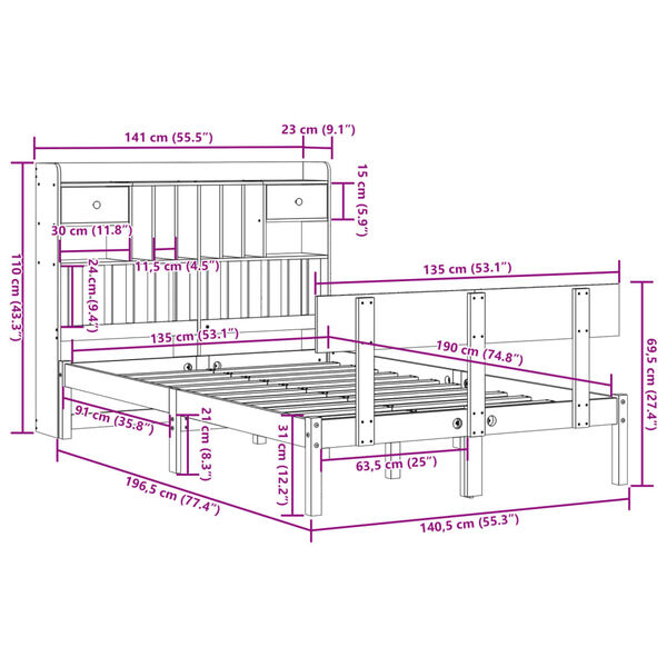 vidaXL Κρεβάτι Βιβλιοθήκη Χωρίς Στρώμα Λευκό 135x190 εκ Μασίφ Πεύκο