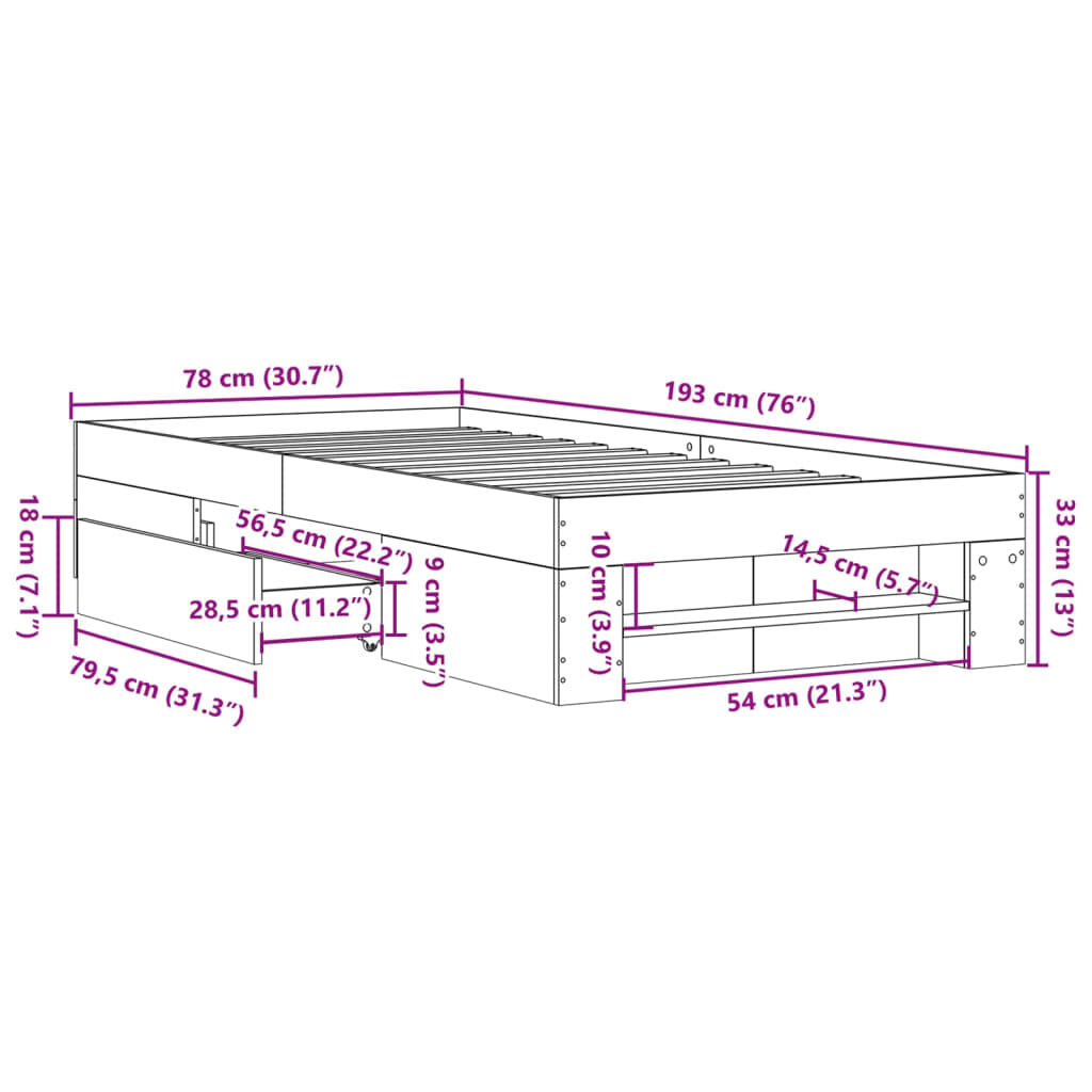 vidaXL Πλαίσιο Κρεβατιού Γκρι Sonoma 75x190 εκ. Επεξεργασμένο Ξύλο