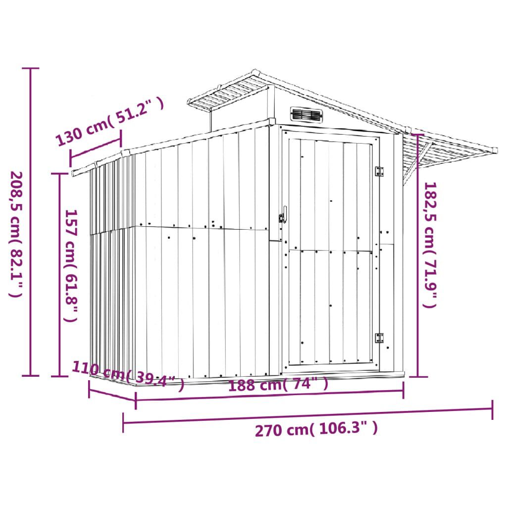vidaXL Αποθήκη Κήπου Γκρι 270x130x208,5 εκ. Γαλβανισμένο Ατσάλι