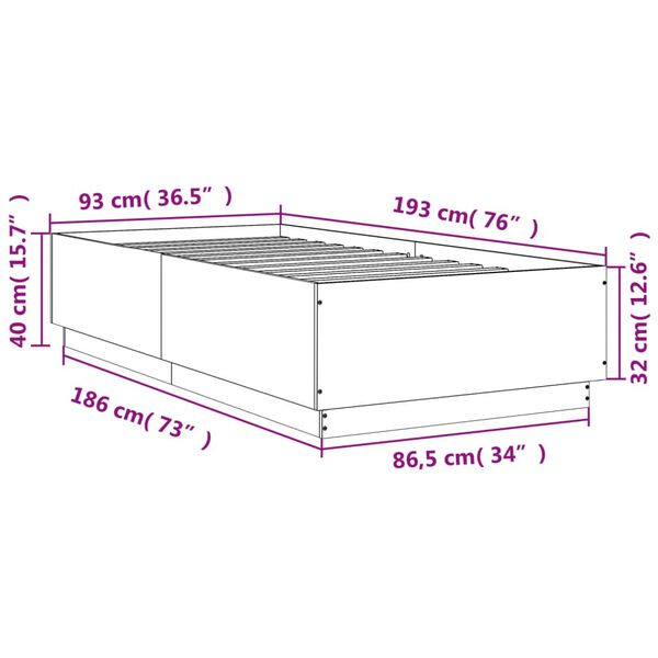 vidaXL Πλαίσιο Κρεβατιού με LED Γκρι Σκυρ. 90 x 190 εκ. Επεξεργ. Ξύλο