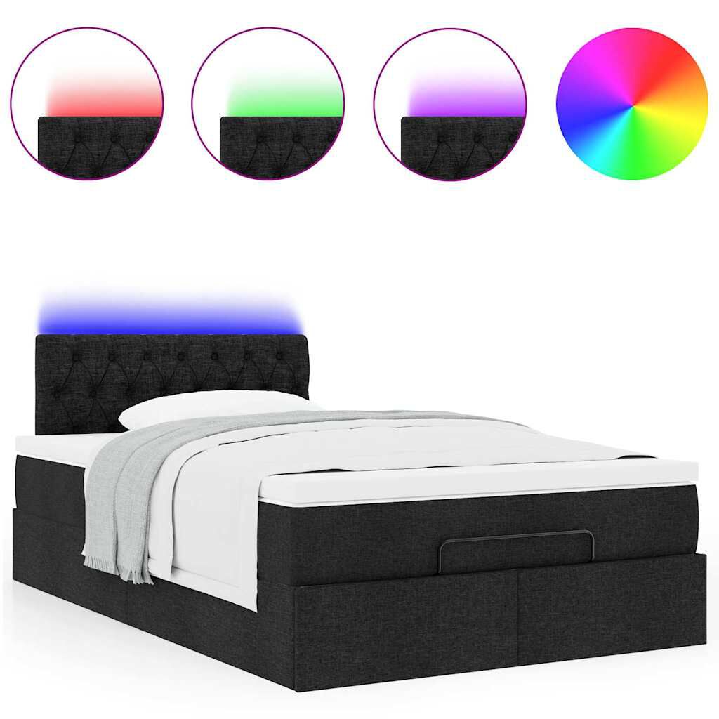 vidaXL Οθωμανικό κρεβάτι με στρώμα & LEDs Μαύρο 120x200 cm Ύφασμα