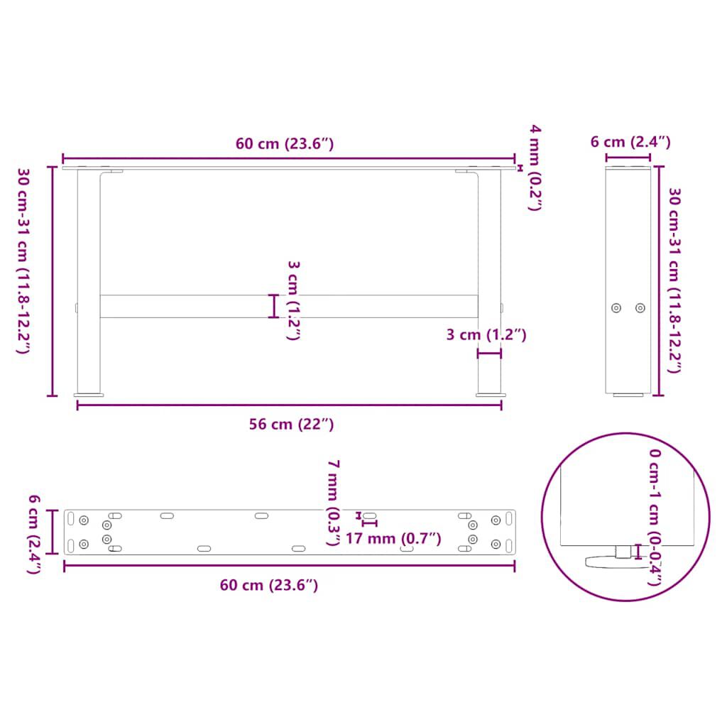 vidaXL Πόδια Σαλονιού 2 τεμ. Μαύρα 60x(30-31) εκ. Ατσάλι