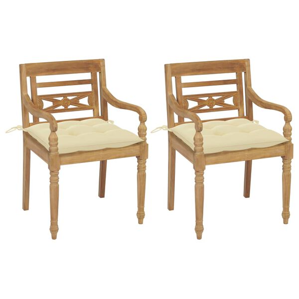 vidaXL Καρέκλες Batavia 2 τεμ. Μασίφ Ξύλο Teak & Λευκά Κρεμ Μαξιλάρια
