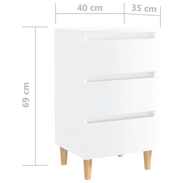 vidaXL Κομοδίνο Γυαλιστερό Λευκό 40x35x69 εκ. με Μασίφ Ξύλινα Πόδια