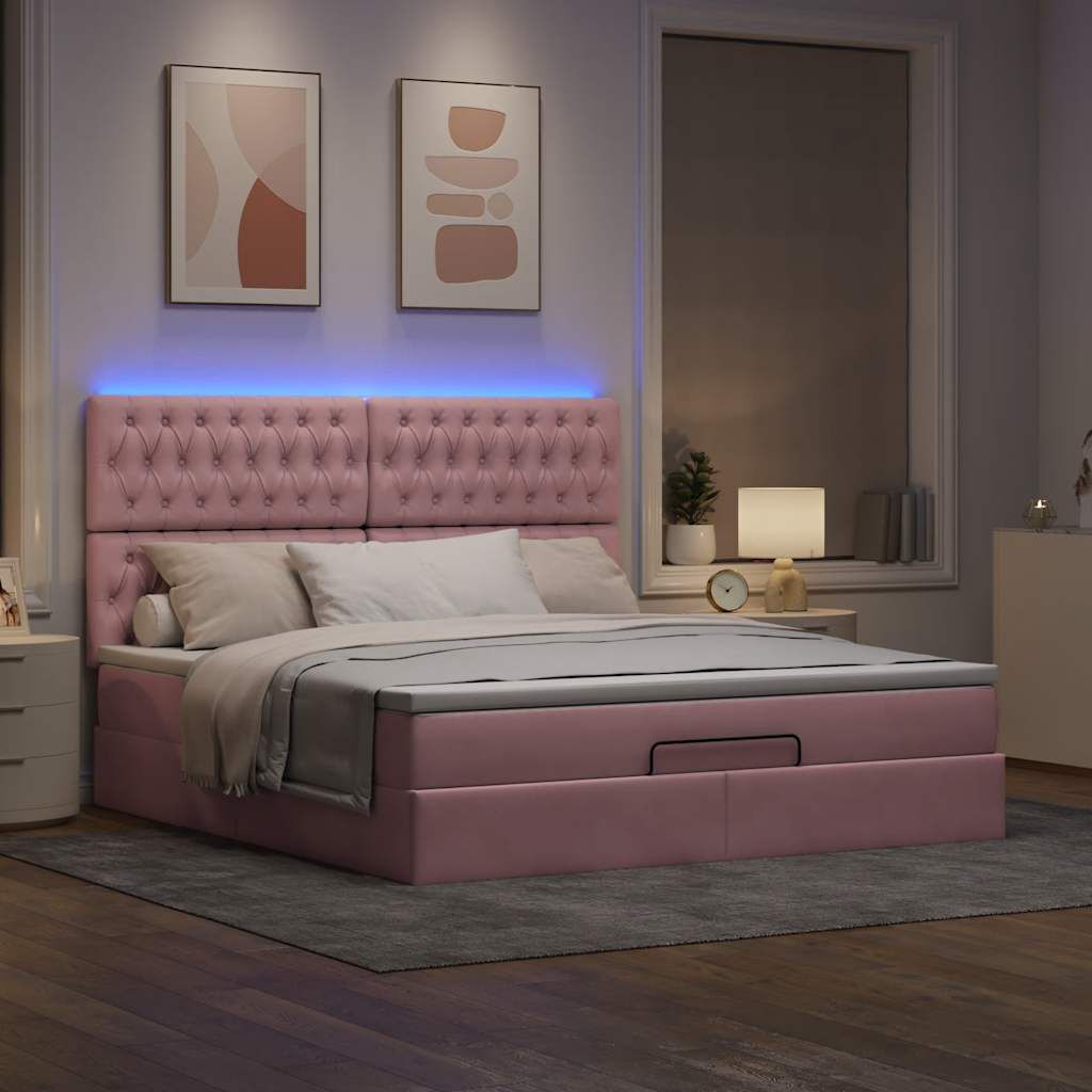 vidaXL Οθωμανικό κρεβάτι με στρώματα & LEDs Ροζ 180x200cm Velvet