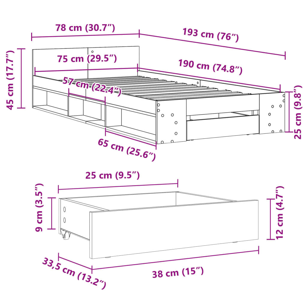vidaXL Πλαίσιο Κρεβατιού με Συρτάρια Λευκό 75x190εκ Επεξεργασμένο Ξύλο