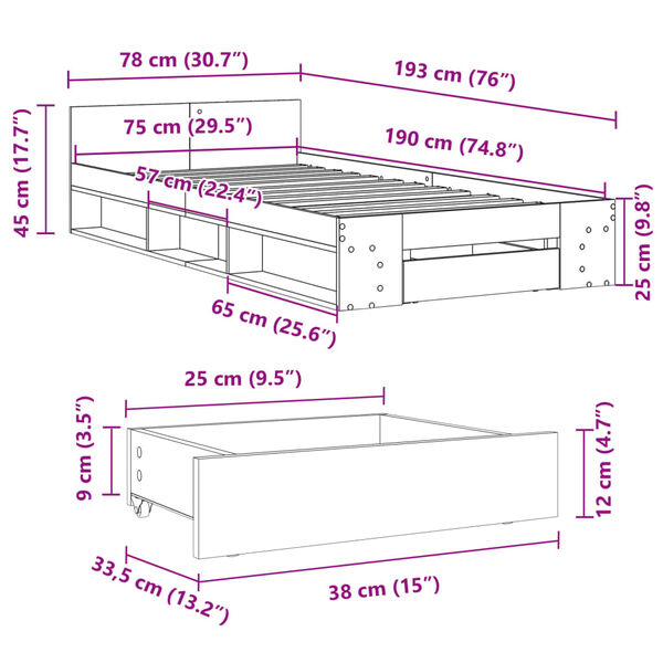 vidaXL Πλαίσιο Κρεβατιού με Συρτάρια Λευκό 75x190εκ Επεξεργασμένο Ξύλο