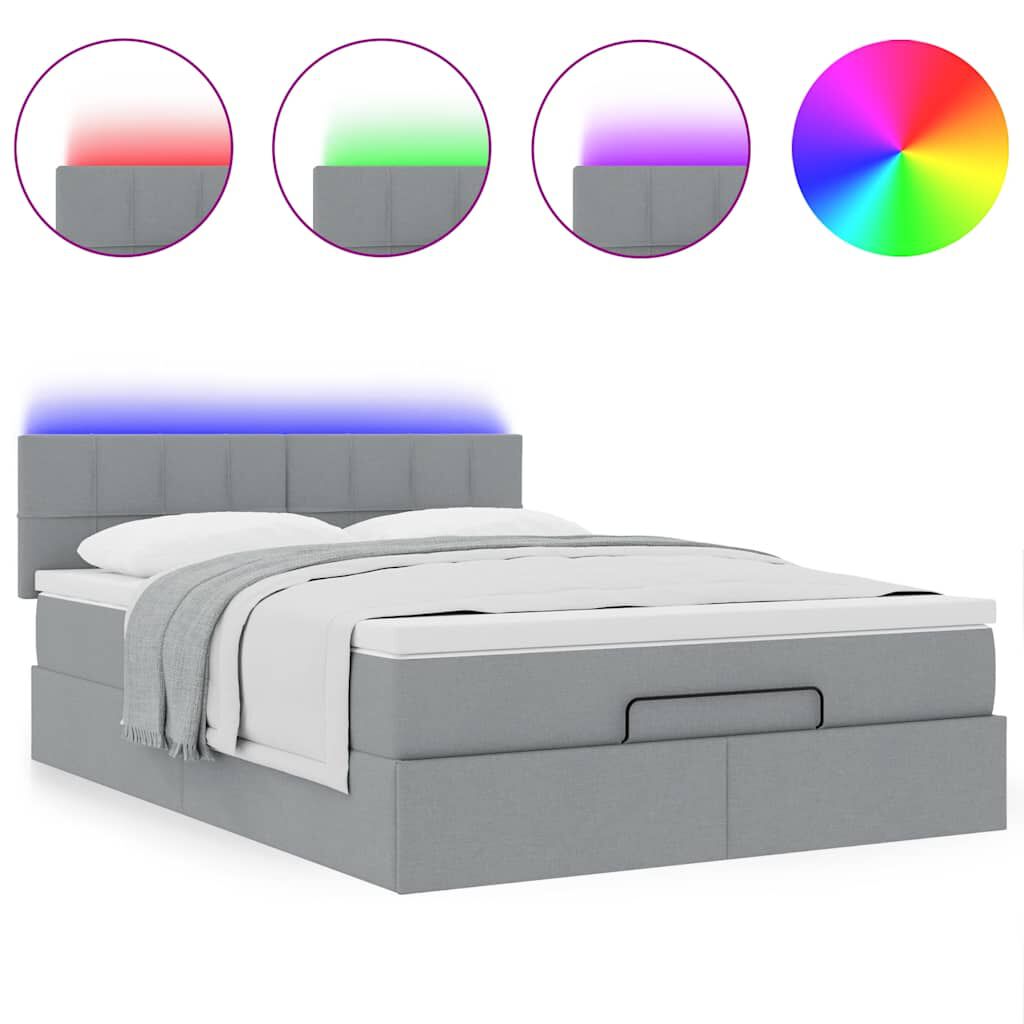 vidaXL Οθωμανικό κρεβάτι με στρώμα & LEDs Ανοιχτό γκρι ύφασμα