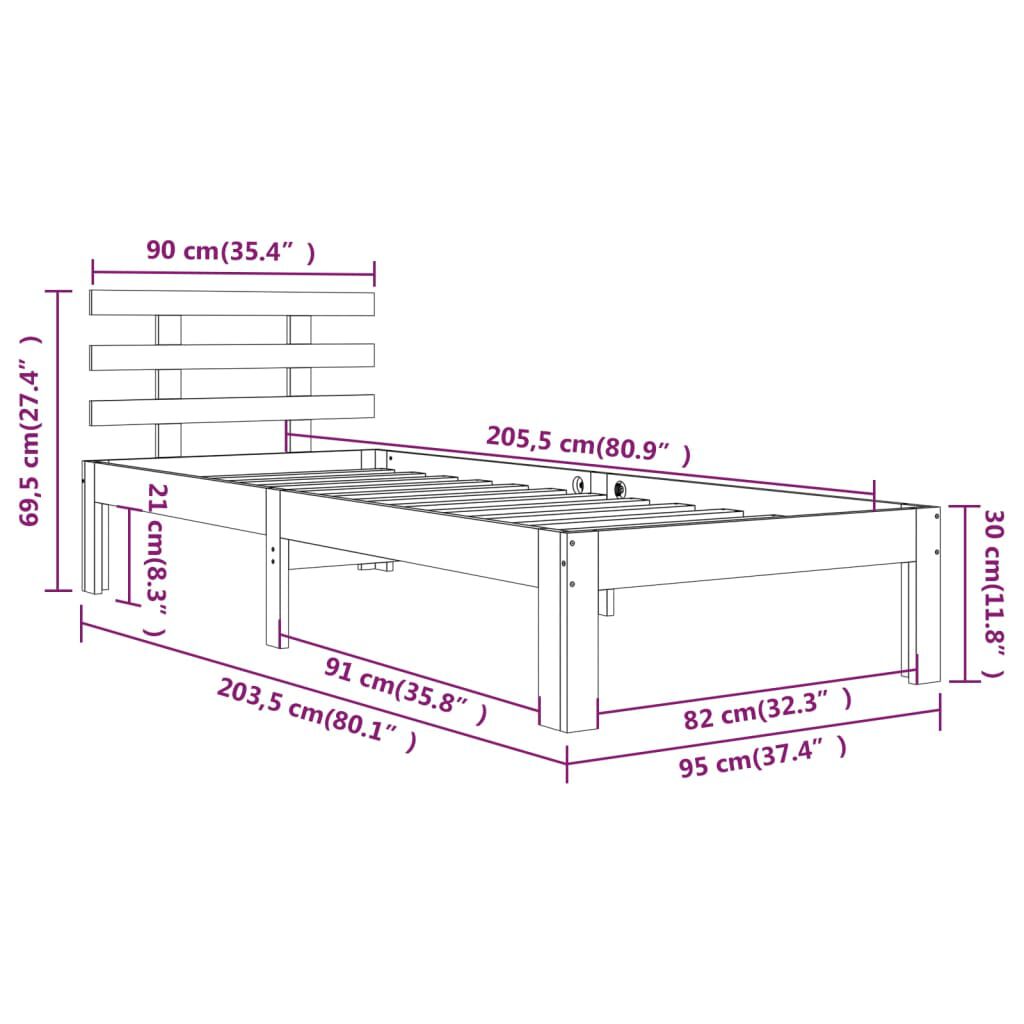 vidaXL Πλαίσιο Κρεβατιού 90 x 200 εκ. από Μασίφ Ξύλο