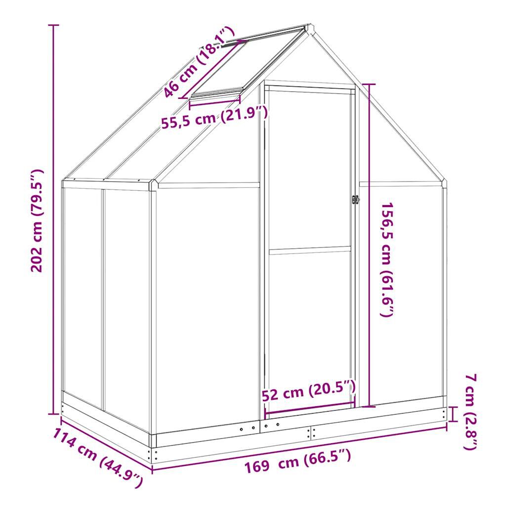 vidaXL Θερμοκήπιο με Πλαίσιο Βάσης Ασημί 169x114x202 εκ. Αλουμίνιο