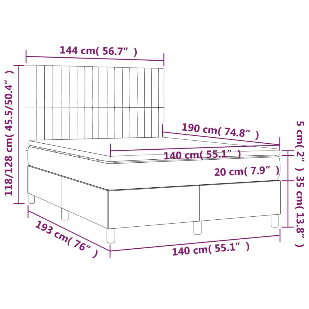 vidaXL Κρεβάτι Boxspring με Στρώμα & LED Σκ.Καφέ 140x190εκ. Υφασμάτινο