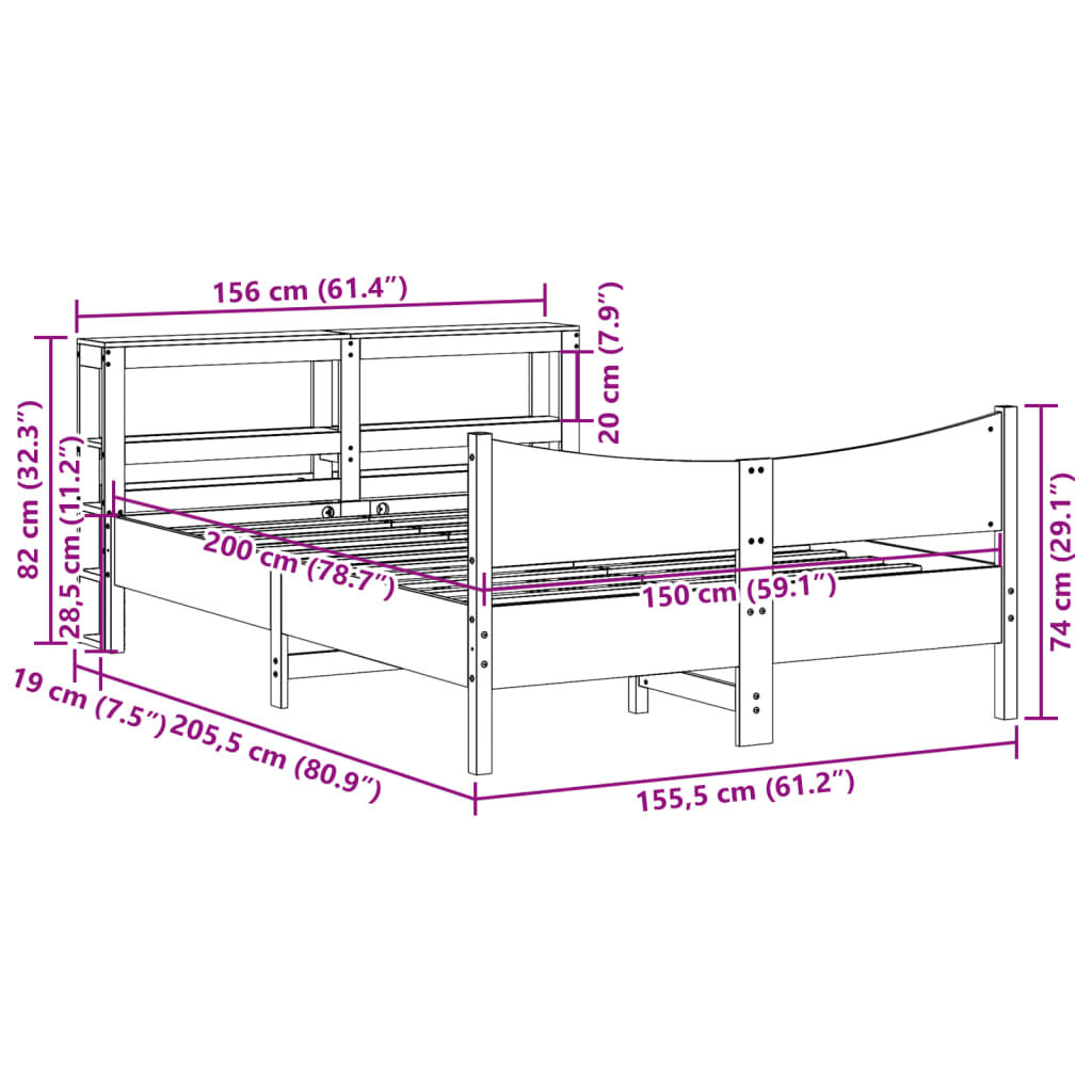 vidaXL Πλαίσιο Κρεβατιού με Κεφαλάρι Μελί 150x200εκ. Μασίφ Ξύλο Πεύκου