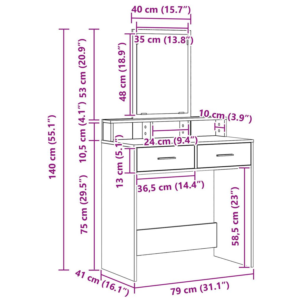 vidaXL Τραπέζι Μακιγιάζ με Συρτάρια Μαύρη Δρύς 79x41x140 εκ.