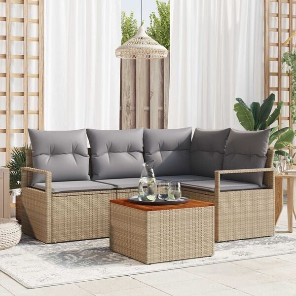 vidaXL Σετ Καναπέ Κήπου με μαξιλάρι 5 pcs Μπεζ Πολυ ράταν