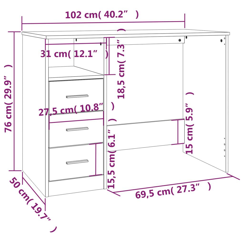 vidaXL Γραφείο με Συρτάρια Λευκό 102x50x76 εκ. από Επεξεργασμένο Ξύλο