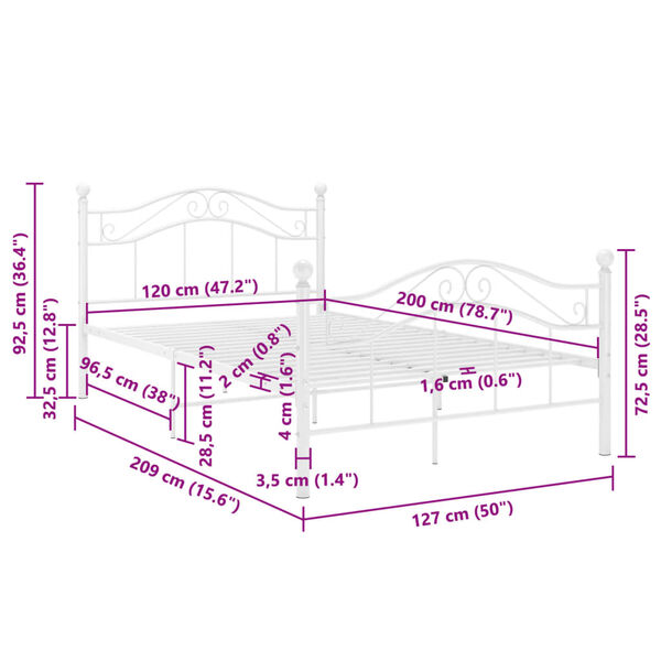 vidaXL Πλαίσιο Κρεβατιού Λευκό 120 x 200 εκ. Μεταλλικό