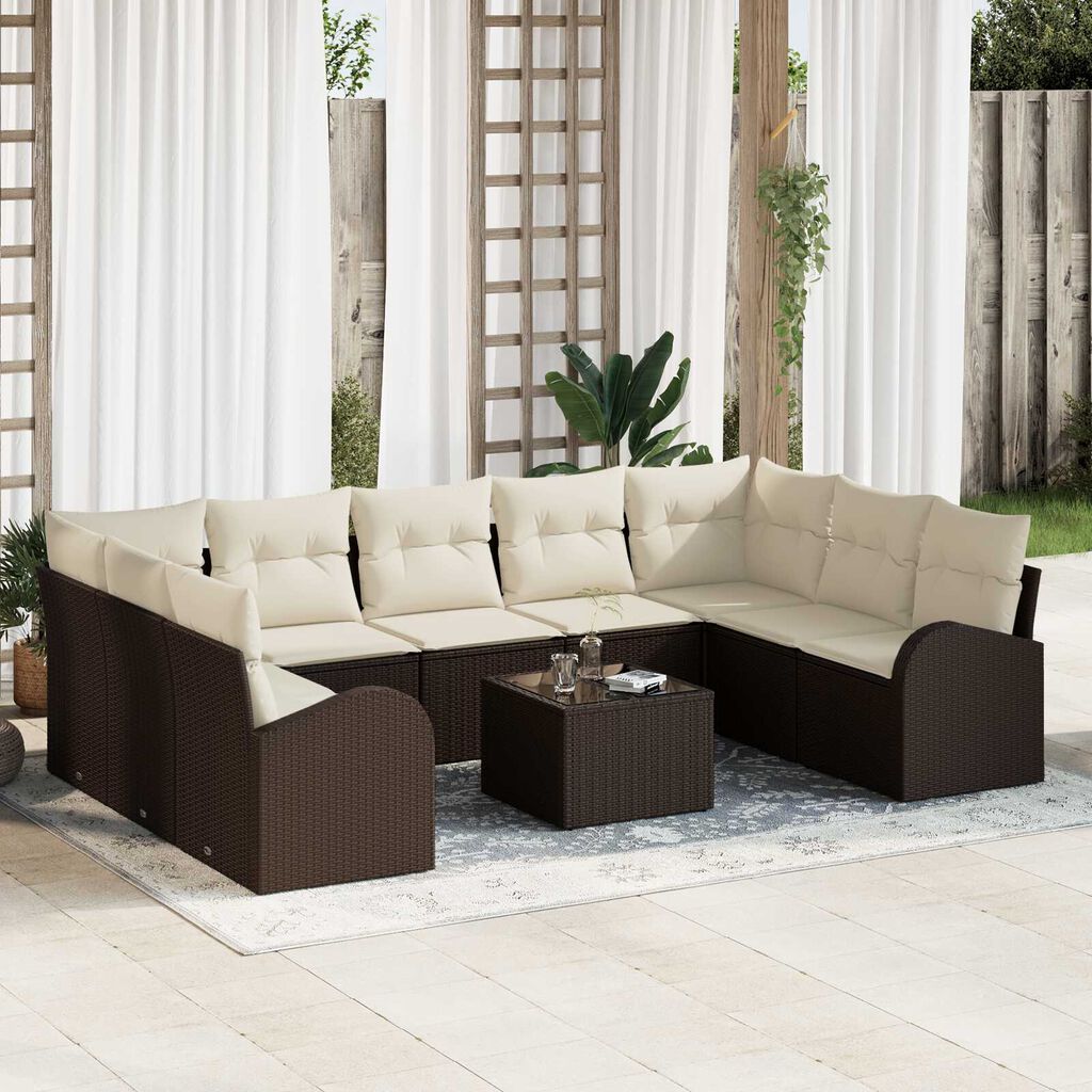 vidaXL Σετ Καναπέ Κήπου με μαξιλάρι 10 pcs Καφέ και λευκό Πολυ ράταν