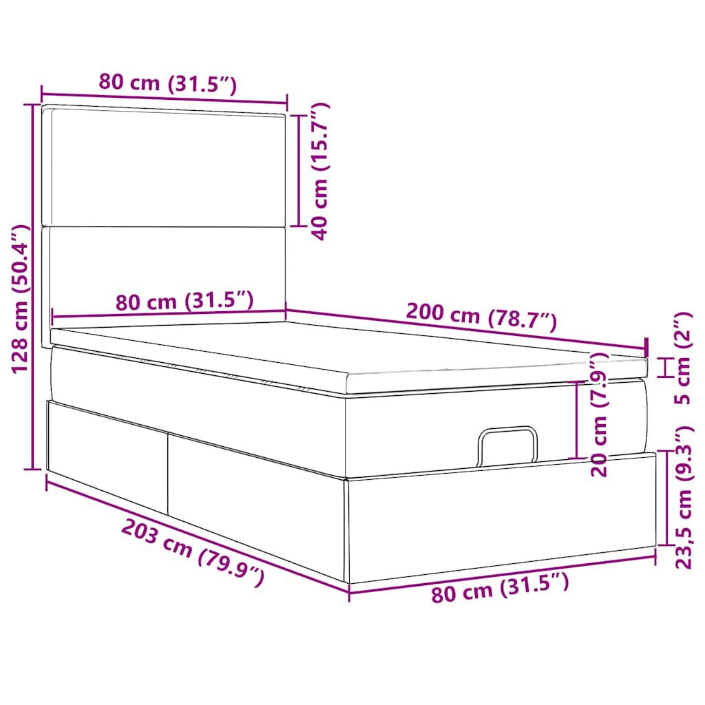 vidaXL Οθωμανικό κρεβάτι με στρώμα & LEDs Μαύρο 80x200cm ύφασμα