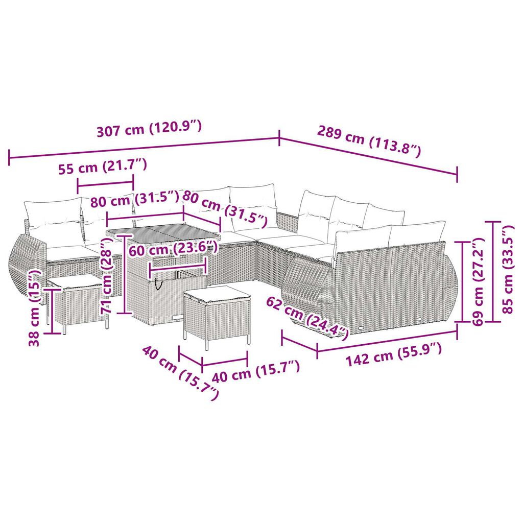 vidaXL Σετ Καναπέ Κήπου με μαξιλάρι 13 pcs Μαύρο 80 x 80 x 71 cm