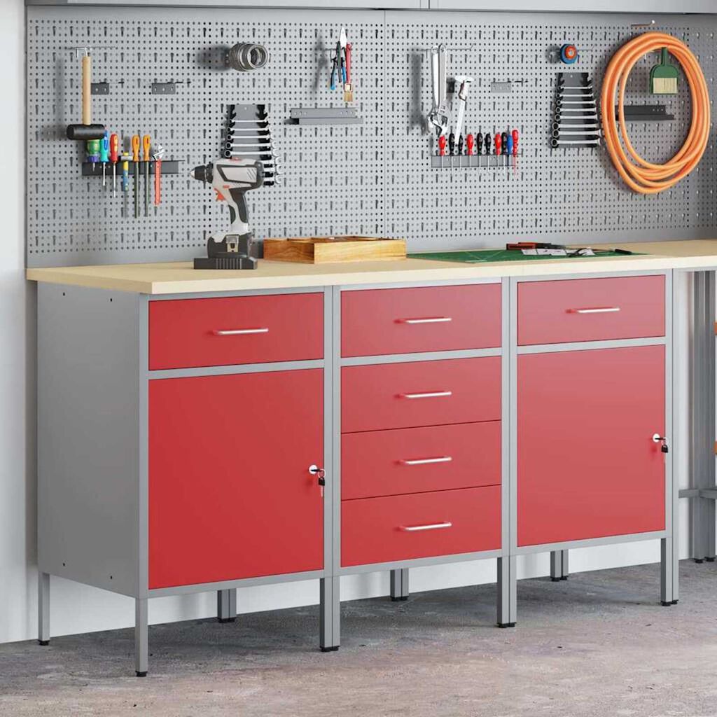 vidaXL Ντουλάπα Εργασίας 3 pcs Κόκκινο και Γκρίζο 150 x 55 x 85 εκ
