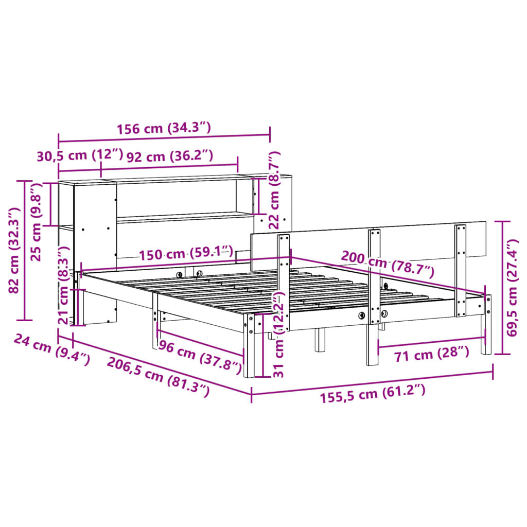 vidaXL Κρεβάτι Βιβλιοθήκη Χωρίς Στρώμα 150x200 εκ Μασίφ Ξύλο Πεύκου