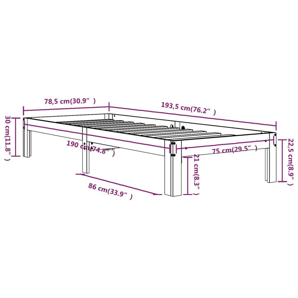 vidaXL Πλαίσιο Κρεβατιού 75 x 190 εκ. από Μασίφ Ξύλο Small Single