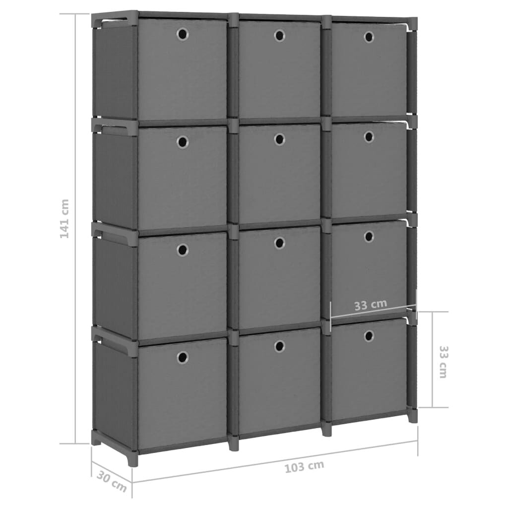 vidaXL Ραφιέρα με 12 Κύβους & Κουτιά Γκρι 103x30x141 εκ. Υφασμάτινη