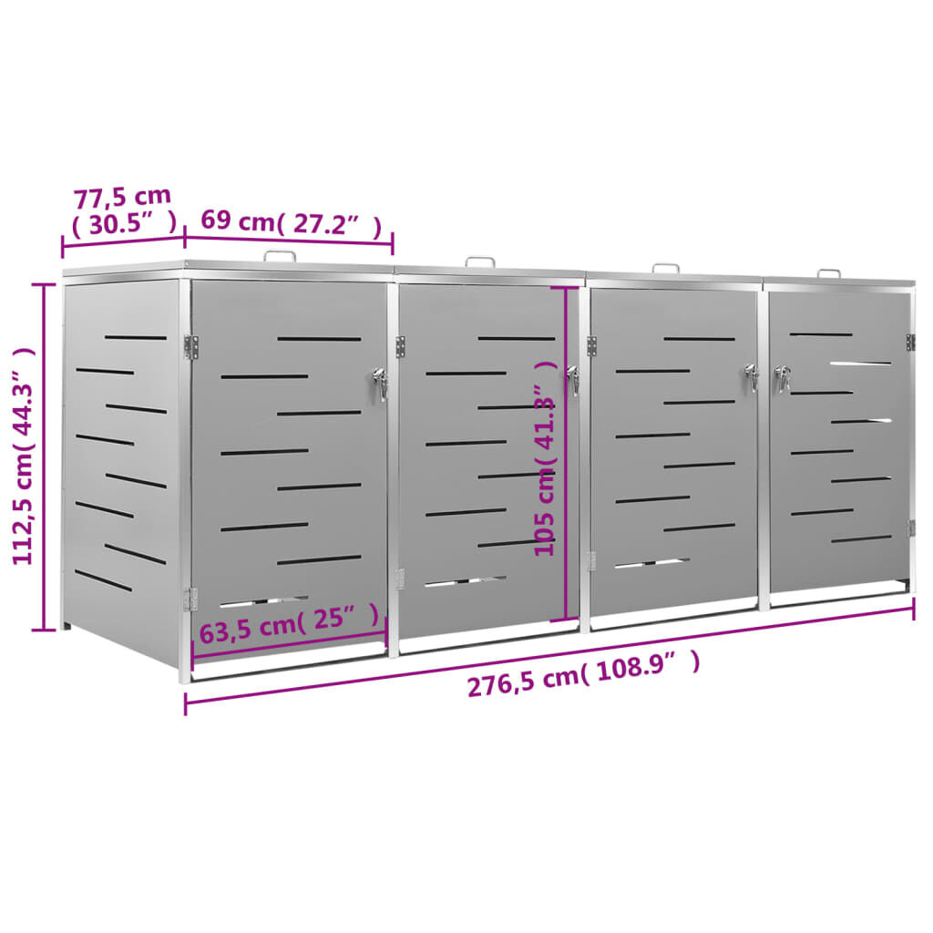 vidaXL Πλαίσιο Κάδων Απορρ. Τετραπλό Ρόδες 276,5x77,5x112,5εκ Αν. Ατσ.