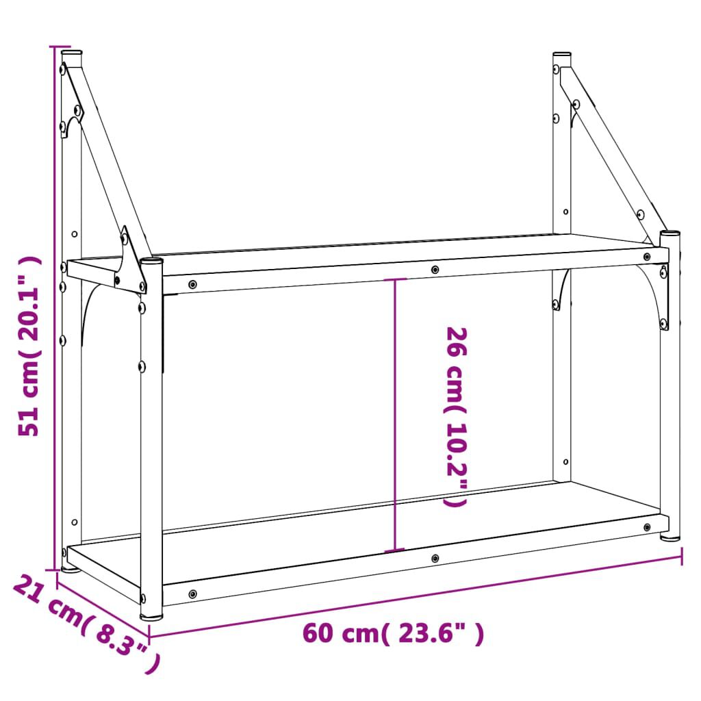 vidaXL Ραφιέρα Τοίχου με 2 Ράφια Μαύρη 60x21x51 εκ Επεξεργ. Ξύλο