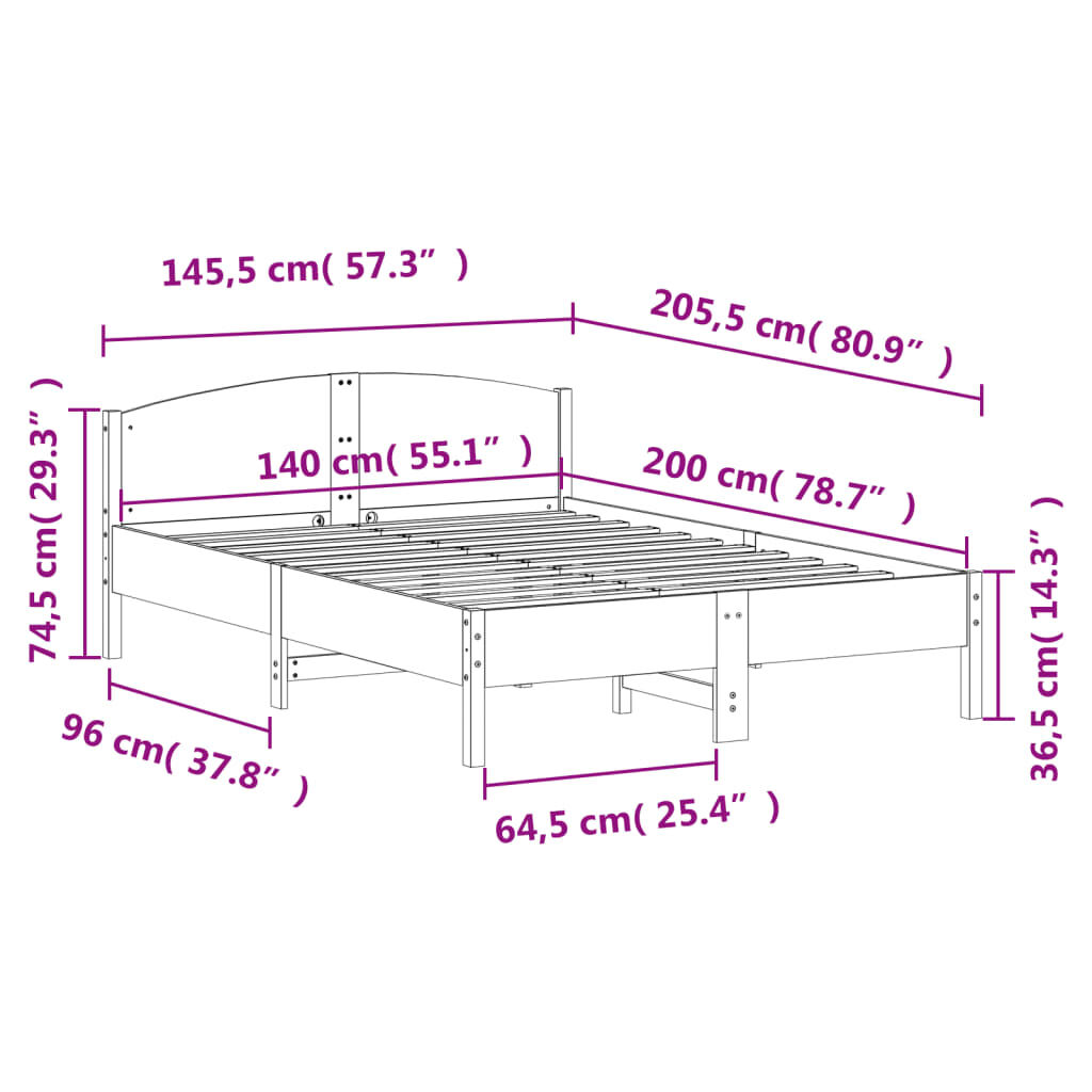 vidaXL Σκελετός Κρεβατιού Χωρίς Στρώμα 140x200 εκ Μασίφ Ξύλο Πεύκου