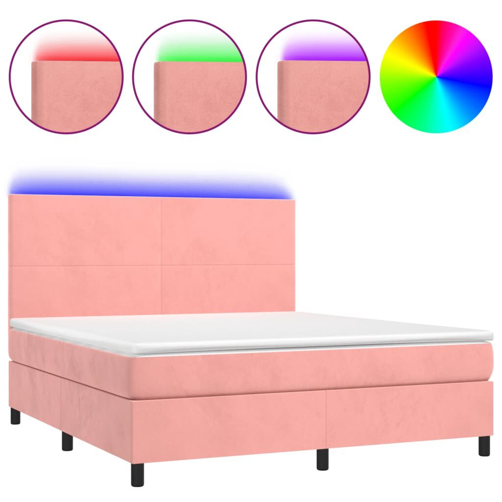 vidaXL Κρεβάτι Boxspring με Στρώμα & LED Ροζ 160x200 εκ. Βελούδινο