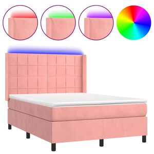 vidaXL Κρεβάτι Boxspring με Στρώμα & LED Ροζ 140x200 εκ. Βελούδινο