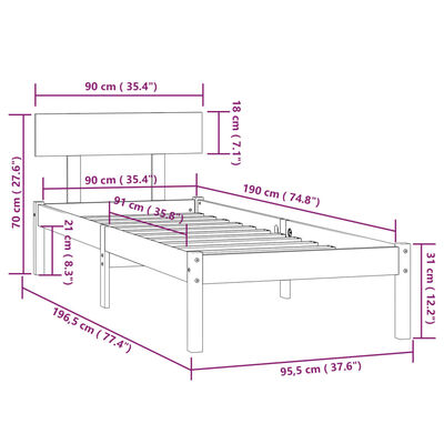 vidaXL Πλαίσιο Κρεβατιού Μονό 90 x 190 εκ. Μασίφ Ξύλο Πεύκου