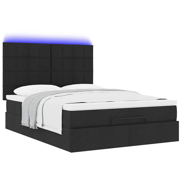 vidaXL Οθωμανικό κρεβάτι με στρώμα & LEDs Μαύρο 140x190 cm Ύφασμα