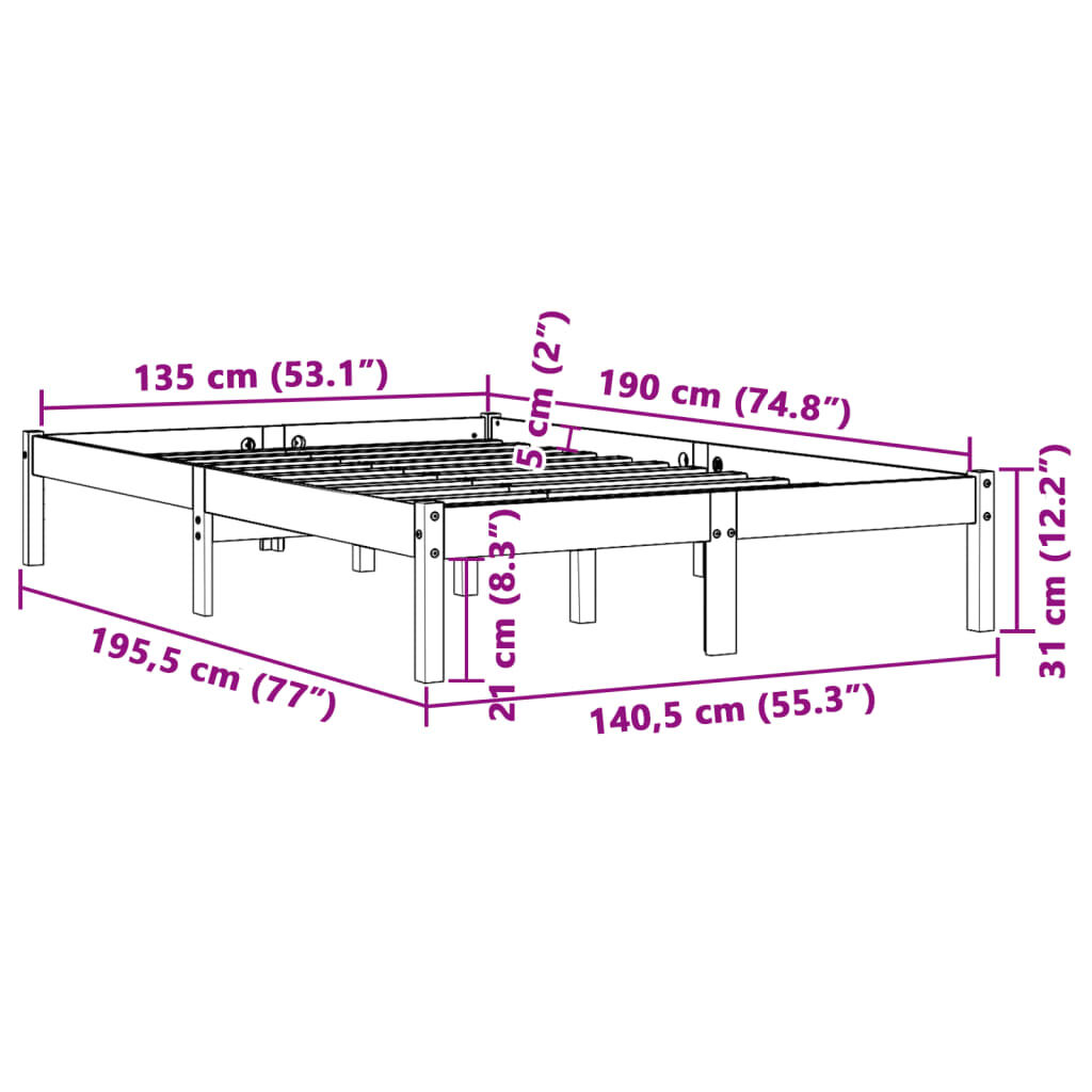 vidaXL Σκελετός Κρεβ. Χωρίς Στρώμα Καφέ Κεριού 135x190 εκ Μασίφ Πεύκο