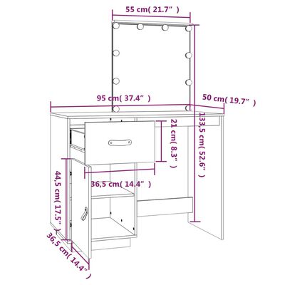 vidaXL Μπουντουάρ με LED Μελί 95 x 50 x 133,5 εκ. Μασίφ Ξύλο Πεύκου