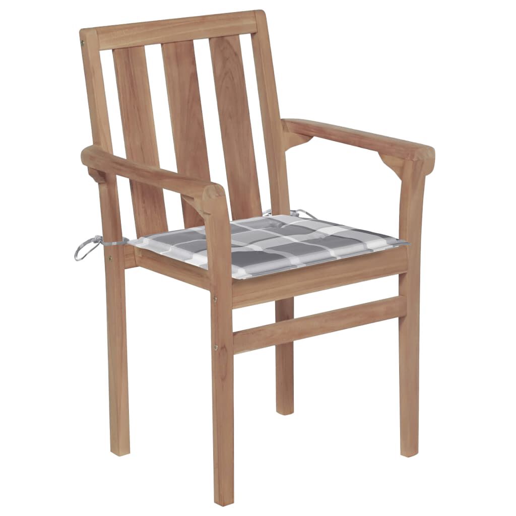vidaXL Καρέκλες Κήπου 2 τεμ. από Μασίφ Ξύλο Teak & Γκρι Καρό Μαξιλάρια