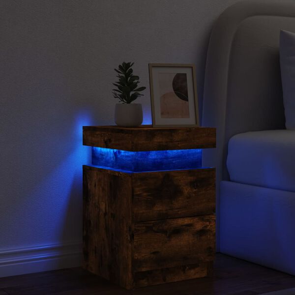 vidaXL Κομοδίνο με Φώτα LED Καπνιστή Δρυς 35 x 39 x 55 εκ.