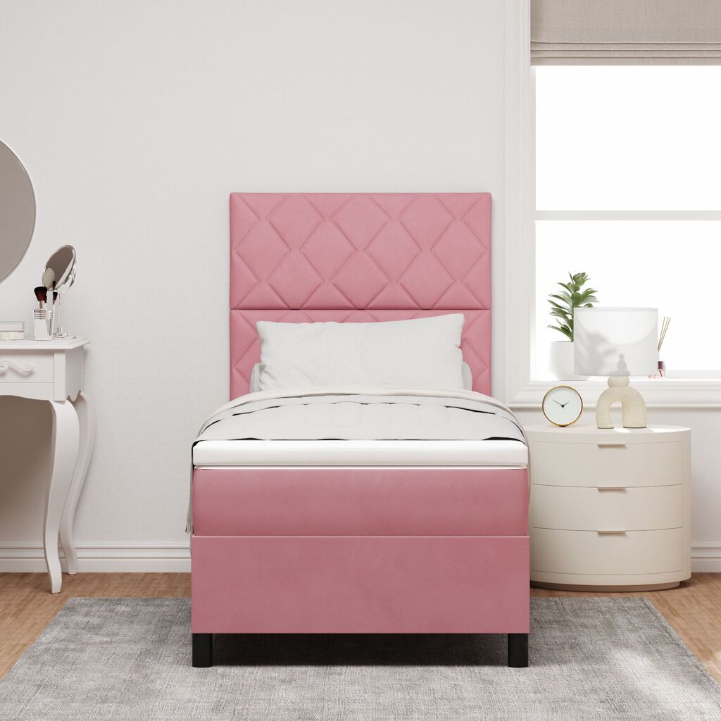 vidaXL Κρεβάτι Box Spring με Στρώμα & LED Ροζ 90x190 εκ. Βελούδου