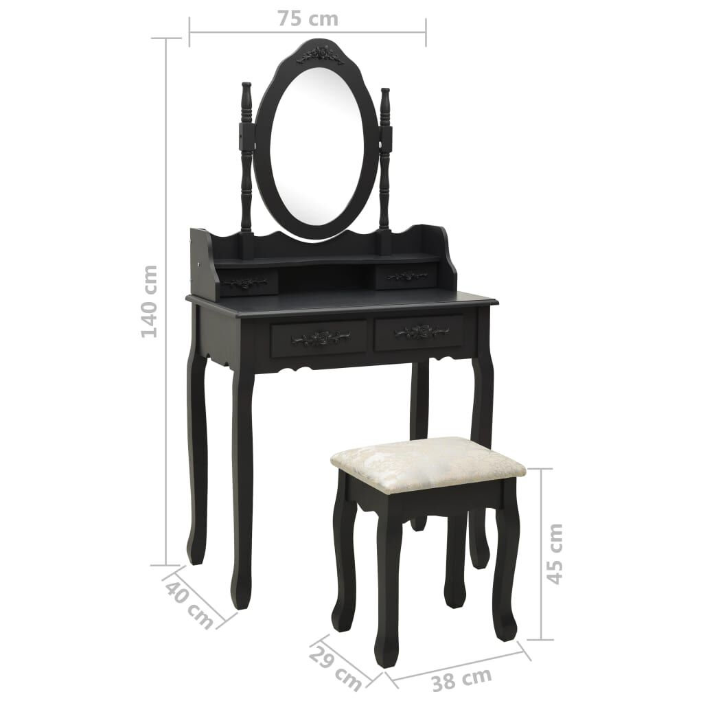 vidaXL Μπουντουάρ με Σκαμπό Μαύρο 75 x 69 x 140 εκ. Ξύλο Παυλώνιας