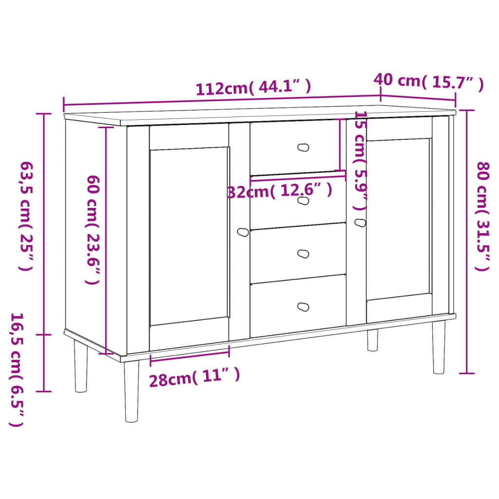 vidaXL Μπουφές SENJA Καφέ / Ρατάν 112 x 40 x 80 εκ. Μασίφ Ξύλο Πεύκου