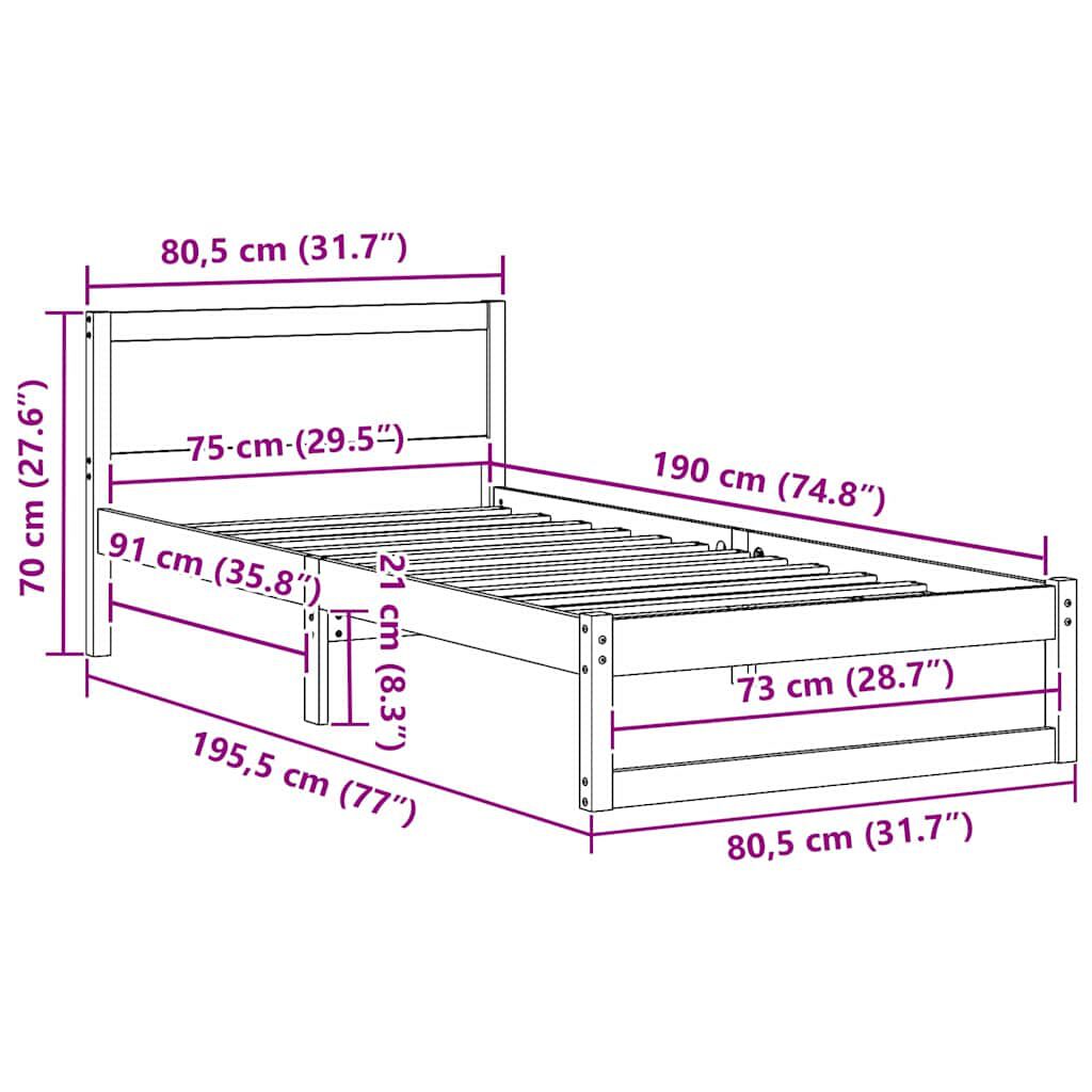 vidaXL Σκελετός Κρεβατιού Καφέ 75 x 190 cm Μασίφ ξύλο πεύκου