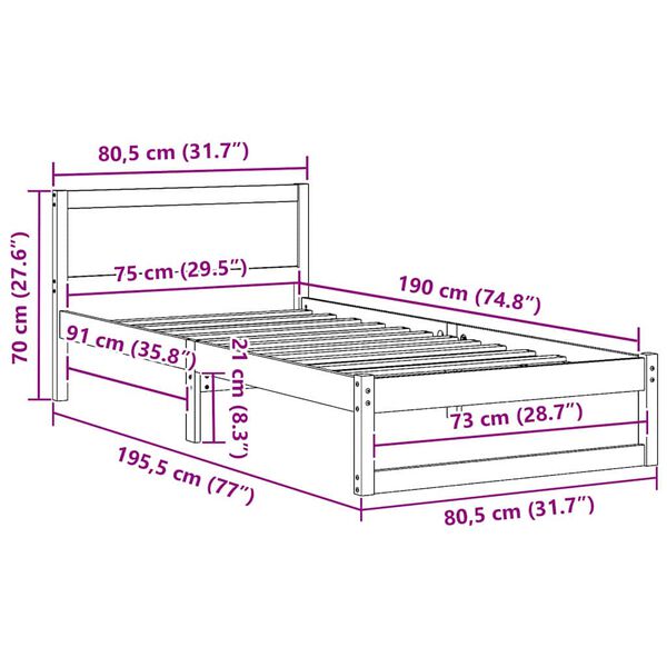 vidaXL Σκελετός Κρεβατιού Καφέ 75 x 190 cm Μασίφ ξύλο πεύκου