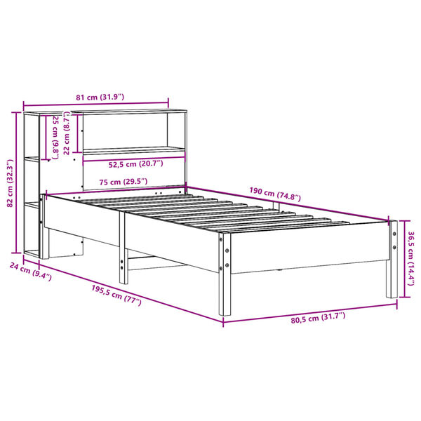 vidaXL Κρεβάτι Βιβλιοθήκη Χωρίς Στρώμα 75x190 εκ Μασίφ Ξύλο Πεύκο