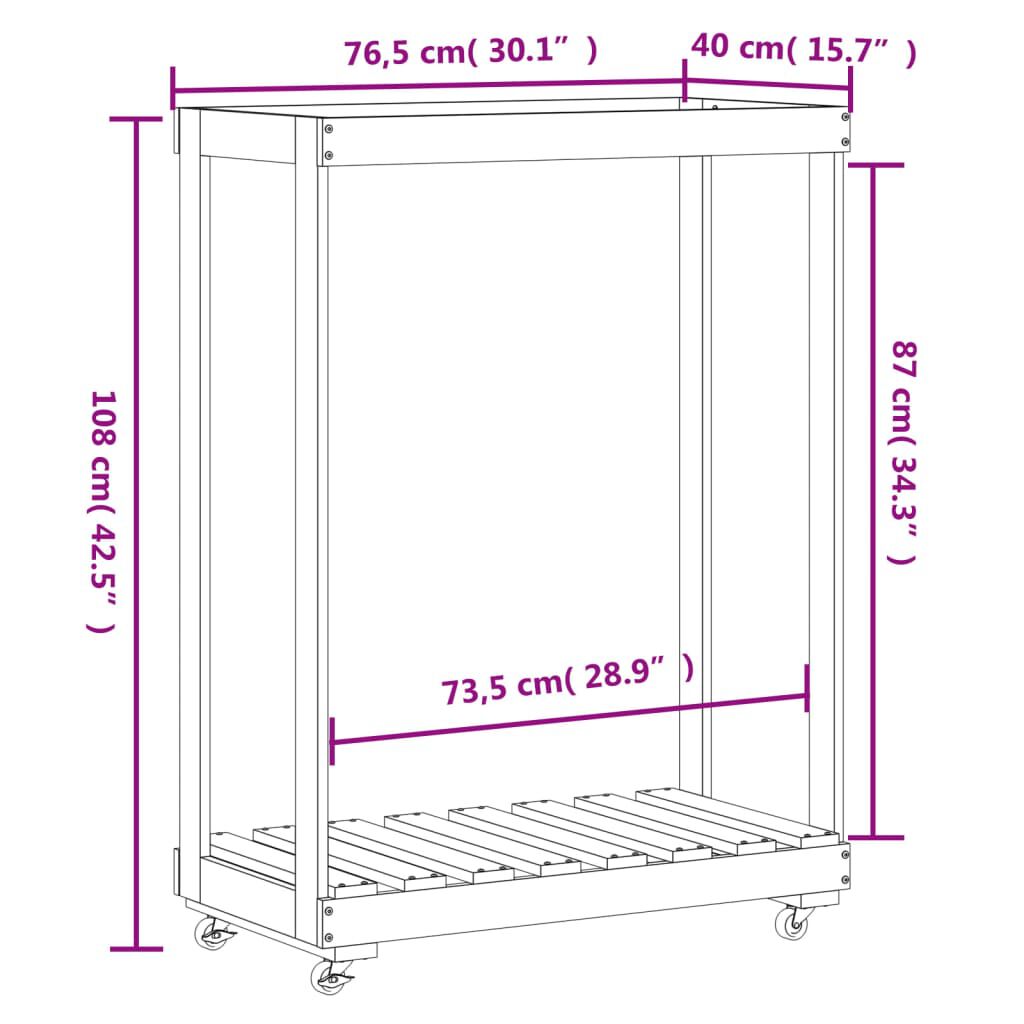 vidaXL Ξυλοθήκη με Τροχούς Μαύρη 76,5x40x108 εκ. από Μασίφ Ξύλο Πεύκου
