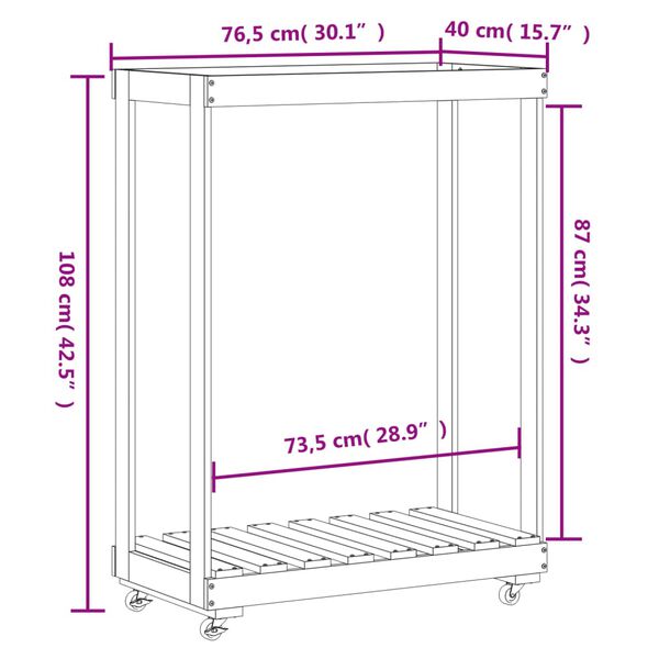 vidaXL Ξυλοθήκη με Τροχούς Μαύρη 76,5x40x108 εκ. από Μασίφ Ξύλο Πεύκου