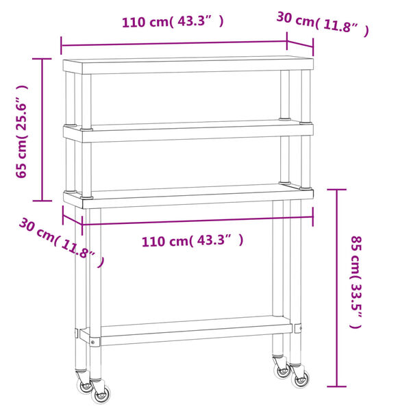 vidaXL Πάγκος Εργασίας Κουζίνας με Ράφι 110x30x150 εκ. Ανοξείδ. Ατσάλι