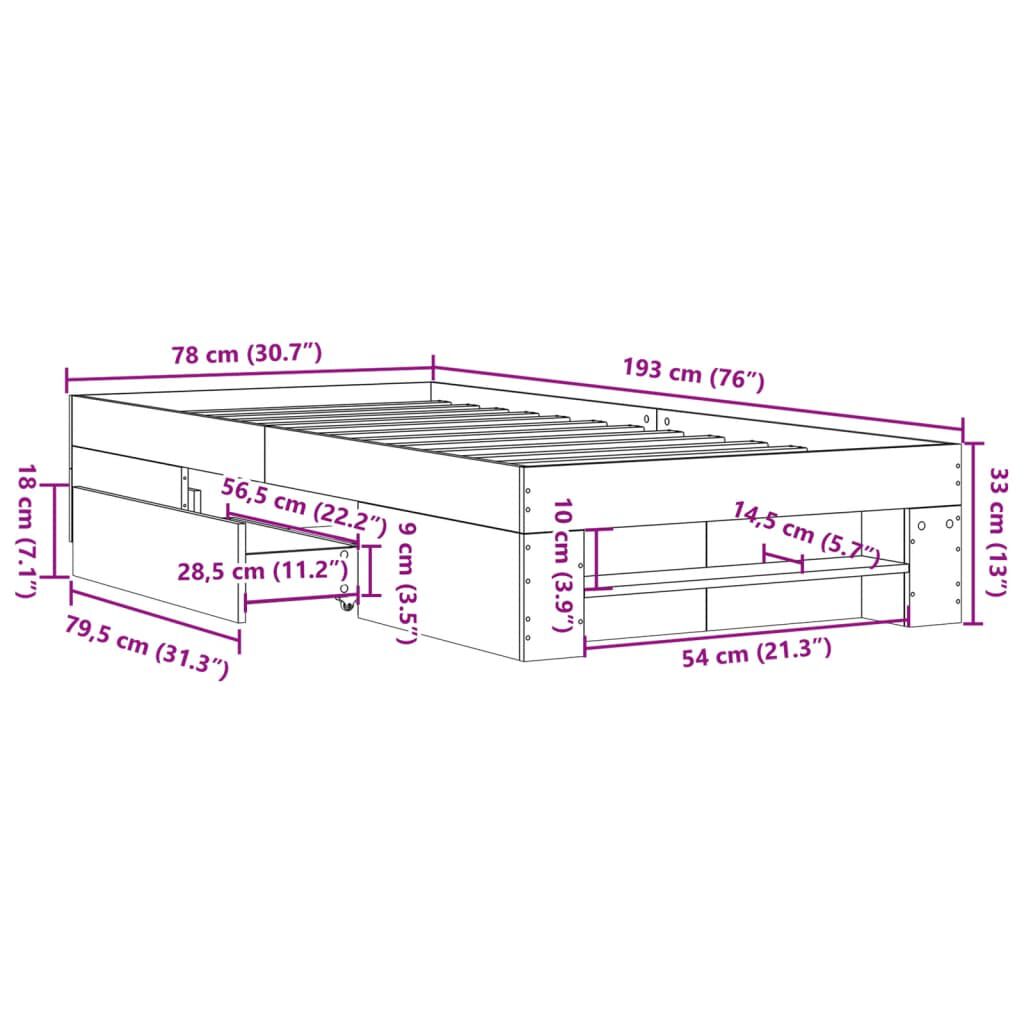vidaXL Πλαίσιο Κρεβατιού Γκρι Σκυροδέματος 75 x 190 εκ. Επεξεργ. Ξύλο